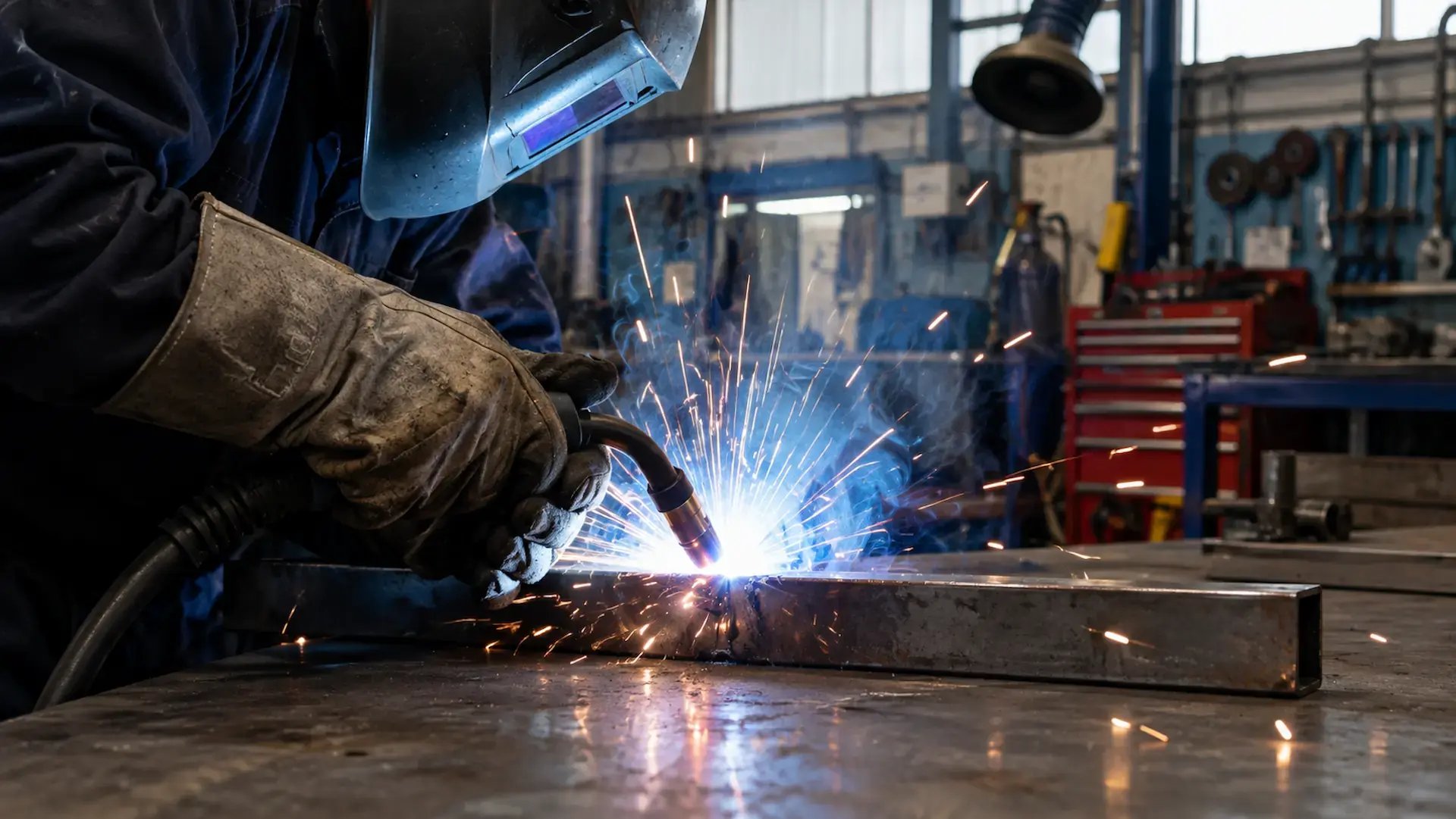 Welder using a MIG welding torch to join steel in an industrial workshop, producing welding fumes and sparks indoors
