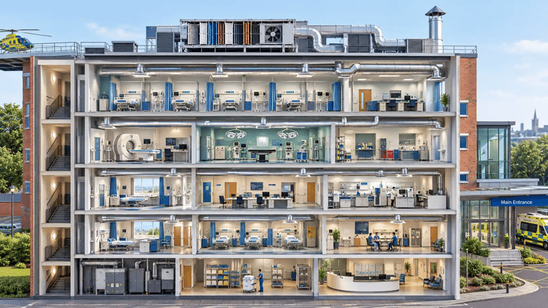 Graphic of a hospital building cross-section, multi-layered building showing how the ventilation system connects each room in the hospital