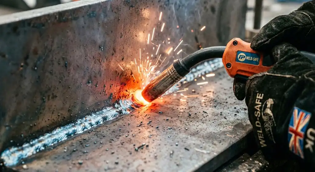 Metal joining in a metalworking workshop factory in Poole, England