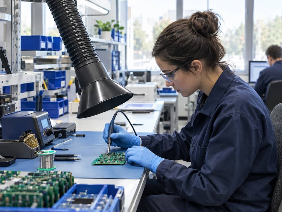 Woman soldering with PPE in a professional workshop with adequate LEV