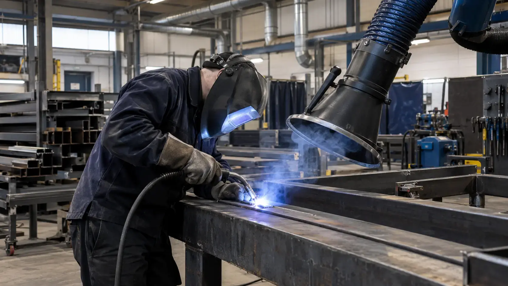 Local exhaust ventilation extracting welding fumes from the personal breathing zone of a worker
