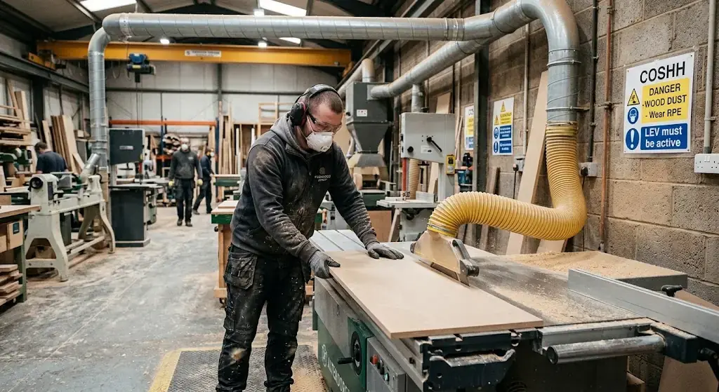 Woodworking dust exposure and COSHH compliance in an industrial workshop